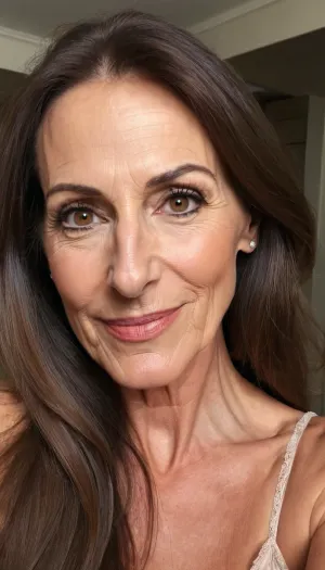 old mature, 65 years old, brunette, skinny, very tall, very super extreme long face, long huge nose, very pointed nose, narrow long face, big long chin, huge rounded chin, very long chin, extreme narrow face, very huge pointed nose, huge long face, sexy big mouth, naught horny smile face, looking at the camera, sexy nightie, selfie, black eyes, hand on hair charming, biggest nose ever, long pointed nose, extreme long huge nose, posing face side to show big nose