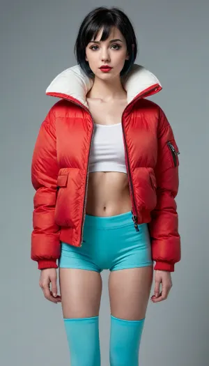 1girl, solo, solo focus, photorealistic, realistic, masterpiece, best quality, full body, standing, novel illustration, simple background, gradient background, ADDCOMM
pale skin, shiny skin, white skin, colorful, very aesthetic, absurdres, newest, (detailed skin:1.2), highres, high contrast, (thin, skinny, slim body, slim figure, petite), ADDBASE
brown eyes, closed mouth, aged down, younger, ((black hair, very short hair, pixie cut, blunt bangs, long bangs)), (brown eyeshadow, black eyeliner, heavy makeup, mascara), (red lips, thick lips), ADDROW, ((oversized puffer jacket)), (aqua leggings), medium breasts, round breasts, breasts together, narrow waist, wide hips, (white kneehighs), pink platform footwear, sneakers, tiptoes