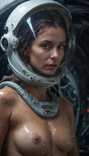 sexy nude female astronaut in space craft, wet hair, wet skin, steam, alien monster, horror, fog, flickering light