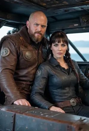 two persons 40 years old dark badass couple, the man is a bald blue eyes viking with beard, (wearing a dirty jacket), and the girl is a dark brown eyes brunette mercenary, (black fringe bowlcut shaved sides head), they have guns and scars on face, they wear skull symbol embroidered on their overalls, in the cockpit of their rusty spaceship, we can see space through the large cockpit window, Belcarra, <lora:468709_training_data:.5>, <lora:Viking_Helmets:.5>, shogun, <lora:shogun style:.5>, Xena, warrior, princess, <lora:Xena Warrior Princess:.5>
