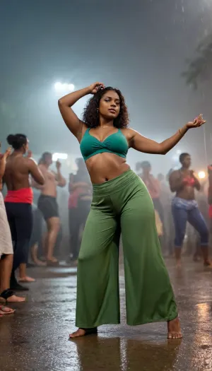a perfectly curved enormous boobs thick thighs, ((30 years old married Haitian Bengali woman. Crop top and yoga bell bottom trouser highwaist)), bottom heavy and plump belly, from side bending over, dancefloor party, night-life, wet uneven toned skin and princess clothes, wet wavy tied up hair, (((a mountain party, people dancing in the rain))), lightning strikes, ((crowded background)), carnival crowd, concert crowd