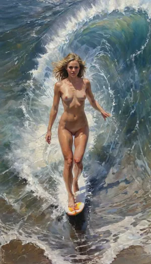 A fearless woman, balanced on her surfboard, rides through the massive curl of a towering ocean wave. The sunlight glistens on the water as she emerges from the barrel, naked, completely naked, a picture of strength and grace, A highly detailed full body oil painting, in style of by John Berkey, very detailed!, outdoor picture, an oil on canvas painting, contest winner, figurative art, an airbrush abstract figurative art, <lora:xl_more_art-full_v1:.5>, <lora:oil painting:.5>