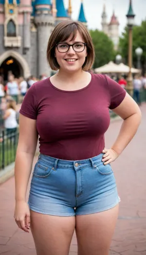A chubby German British 30 year old woman at Disneyland, wearing jean shorts and a tight shirt, partial smile, thick waist, wearing glasses, brown hair, bob style haircut with bangs, wide hips, thick thighs
