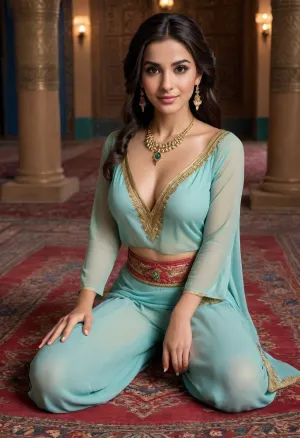 Create a realistic image of Jasmine from Aladdin. She is naked and has large breasts, very hairy pussy. She should have a slender build, dark hair styled in a loose braid or bun, and expressive brown eyes. she is sitting on an arabic carpet with the legs wide open.Capture her spirited and independent personality through her confident posture and determined expression. She should be wearing traditional Arabian attire, such as flowing pants and a colorful tunic, with intricate jewelry. The background should evoke the vibrant atmosphere of Agrabah, perhaps with hints of the palace or the bustling marketplace."