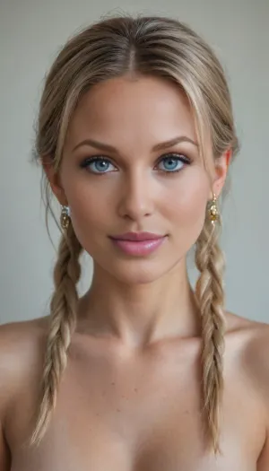 gorgeous women, blonde, finely detail, front side, standing, (posing for photo), (full body, beautiful, Intense gaze, look at viewer), detailed face, realistic facial features, beautiful eyes, skin pores, ((more plausible)), ((high detailed skin)), detailed skin texture, best quality, (((ultra-detailed))), ((perfect body and face)), (skin pores), (skin imperfections), (highly detailed hair), highly detailed body, (realistic), ((insanely detailed)), soft focus, (highest quality), perfect illumination, high resolution photography on Nikon D850, 8k uhd, dslr, high quality, long blond styled hair, two high ponytails haircut, naked, golden hooped earrings, close-up on face and tits, ponytail with bangs, smiling
