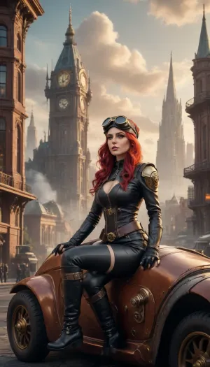 A stunning qu4ntum steampunk girl with vibrant red hair, wearing a fitted leather outfit adorned with intricate brass details and sturdy combat boots, confidently leans against a sleek, retro-futuristic flying car. The raider man piloting the vehicle is dressed in rugged steampunk gear, complete with goggles and a leather aviator cap. Below them, a sprawling cityscape unfolds, with a mix of Victorian architecture and futuristic elements, all bathed in the warm glow of a sunset. Majestic mountains rise in the distance, partially obscured by fluffy white clouds that drift lazily across the sky, adding a sense of adventure and wonder to the scene.