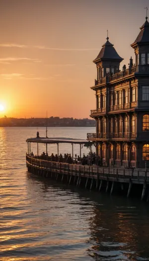 sunset on the waterfront, Victorian era, steampunk