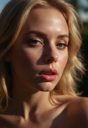 An erotic and high sexual portrait of a desperately horny woman. The scene bathed in warm, direct sunlight that accentuates her delicate features. Her blonde hair shines like a soft, golden glow around her, framing her gorgeous face. The focus is on her big, innocent eyes, framed by subtle, shimmery makeup and delicate, natural eyeliner, and her pouting full pink lips, slightly parted in a soft gasp of desire. Her face and chest are flushed pink with desire, her skin oily and sweaty from exertion. The overall mood is one of desperate sexual desire., 8k, intricate details, hyperrealistic, professional photography, Masterpiece, award-winning photography, RAW photography, (direct sunlight:1.4), soft focus on eyes, ZipRealism, sunnyrayyxo, <lora:sunnyrayyxo_v1_SDXLBase:.8>, raw lighting, <lora:Rawfully Stylish v0.2_epoch_20:.8>