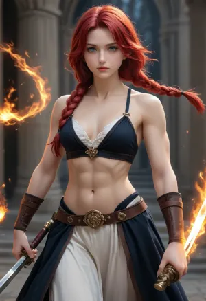 18 year old woman warrior, bare breasts, swords, braided red hair, blue eyes, muscular, abs, flames all around