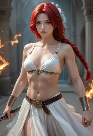 18 year old woman warrior wielding sword, bare breasts, braided red hair, blue eyes, muscular, abs, flames and smoke all around