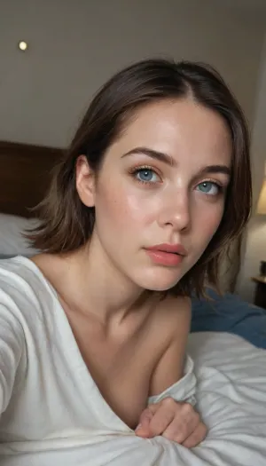 Amateur selfie naked, lying on the bed, not skinny, long brown hair, 2/3 of the body, dim light, night, single bed, dark blue bed, white wallpaper, old Soviet apartment, bad lighting, jpeg artifacts