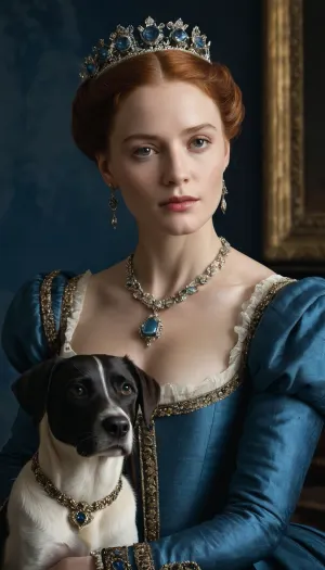 Queen of Scots, 30, 16th century, full dress, labradorite, jewelry, made in the style of 16th century artists, Labrador dog in the frame, masterpiece, petting a dog