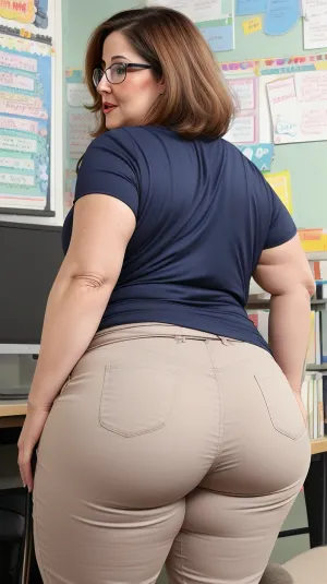 Fat slutty seventy year old woman teacher with glasses. she is chubby. she has a fat ass. she is bending over wearing tight pants and a sexy loose blouse that is open and show her saggy tits. she is really horny looking