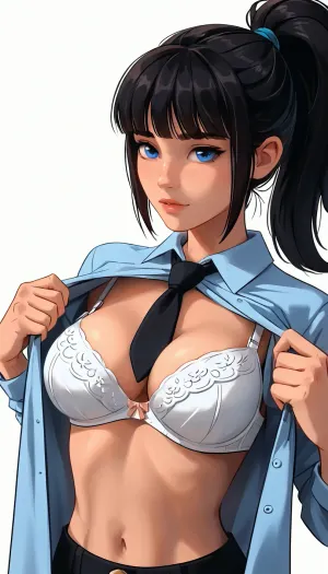 1girl, ponytail with fringe style, black hair, bright blue eyes, (toon), (lifting casual shirt with tie and showing bra), (big breasts:1), white background, samdoesart, <lora:samdoesart_style_xl_v1:.6>