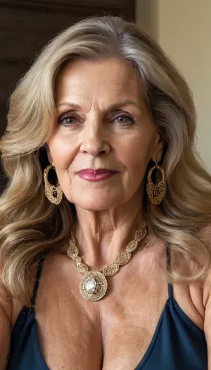mature granny, 65 years old, dark blonde, glamour, hoop earrings, necklace, long hair, naught flirting face, looking at the camera, very saggy tits, selfie, boobs and face focus, thick lips