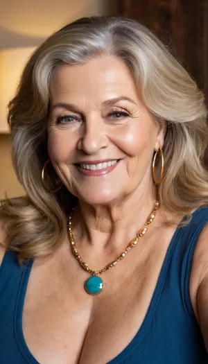 mature granny, 65 years old, dark blonde, very chubby, glamour, hoop earrings, necklace, long hair, cute charming smile, looking at the camera, very saggy tits, selfie, boobs and face focus