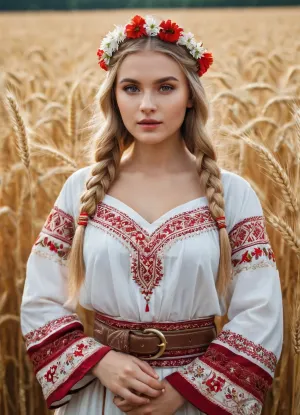 A traditional Slavic dress with intricate embroidery in red, white, and gold patterns. The outfit includes a long, flowing skirt, a richly decorated blouse with wide sleeves, and a woven belt with geometric designs. The dress is adorned with fine details, such as lace and beadwork. She is wearing a flower crown made of wildflowers and ribbons flowing down her back. The style reflects ancient Slavic culture, with natural materials and bright, vibrant colors, 1girl, 1man, Slavic, blonde, lush hair, curvy braids, beatiful face, blush on the face, braight gray eyes, white tradithional slavic shirt, (in an endless field of wheat), sunlight, detailed background, kinemographic environment, high resolution, (erotic:.5)