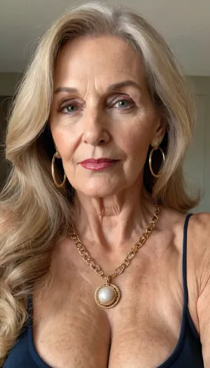 mature granny, 65 years old, dark blonde, glamour, hoop earrings, necklace, long hair, naught flirting face, looking at the camera, very saggy tits, selfie, boobs and face focus, thick lips