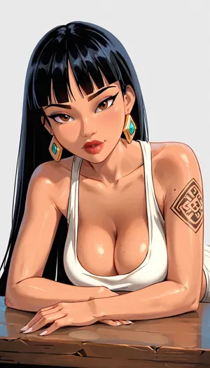 (Chel from Road To El Dorado), oily skin, goth, tattoos, (leaning over table), front view, (big tits:1.3), (cleavage teacher outfit), (toon), white background, samdoesart, <lora:samdoesart_style_xl_v1:.6>