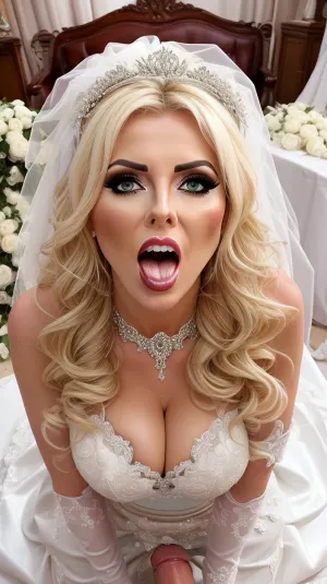 Bimbo bride on her knees, altar, wedding day, groom standing, bride sucking cock, blowjob, deep throat