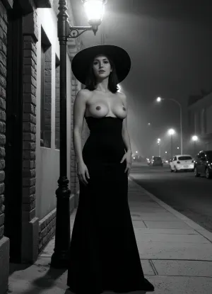A girl in noir style, wearing a long black dress and a wide-brimmed hat, standing in a dark alley under a lantern. her dress is unbuttoned, showing a gorgeous large naked breast. The background is foggy streets and flickering city lights. Style, noir, drawn in black and white colors. Mysterious, mystical, mysterious, elegant setting., <lora:FluxDFaeTasticDetails:.5>