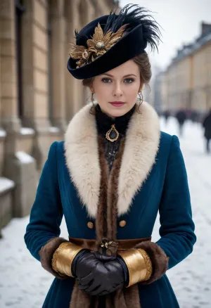 The year 1880, The canvas depicts a young woman, (BODY FACING FRONT, LOOKING FRONT:1.2), She is dressed in the latest fashion of the 1880s. She is wearing a velvet hat with feathers, a coat decorated with fur and ribbons, a muff and thin leather gloves. Her look is regal, mysterious and a little sad. Her outfit, a "Francis" hat, trimmed with elegant light feathers, "Swedish" gloves made of the finest leather, a "Skobelev" coat decorated with sable fur and blue satin ribbons, a muff, a gold bracelet, all these are fashionable details of women's clothing of the 1880s, claiming expensive elegance, tugcekazaz01