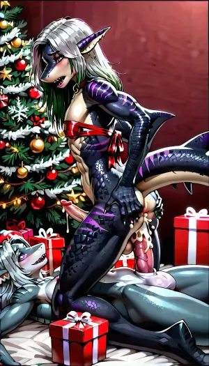 Rear view, Side view, Christmas, small size futanari, deepanal+bondage gift ribbon, lying cowgirl style, dlss, RTX, small 1futa, futa penis, futa fuck deep anal, ((mommy, anthro shark, small futanari anthro shark, silver hair, black scales, bright purple neon shark stripes)), bent down, futanari hold her by the spread ass, ((sex slave, male elf, femboy elf, green hair)), squats, cum, huge cum load, knotted by cock, anal knotted, stoumatch bulge, big pregnancy cum stomach bulge, stomach, bulge, uberfit, muscular, athletic, <lora:189654_training_data:.8>, <lora:early621-000002:1.2>, <lora:uberfit_lora_sdxl:1>, <lora:274698_training_data:1>