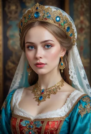 Portrait of a Russian beauty in national costume, lace filigree of bright, rich color. Super clear, highly detailed watercolor, glaze technique, plus colored alcohol ink, style of V. Vasnetsov