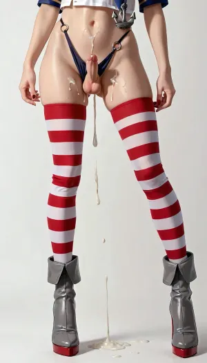 shimakaze-kun, shimakaze, (kancolle), solo, male focus, simple background, standing, thighhighs, white background, white thighhighs, femboy, cum, cum on body, high heels, penis, boots, shirt, trap, navel, mole, white shirt, black panties, striped thighhighs, sex toy, cumdrip, signature, testicles, stomach, no pants, high heel boots, lower body, panties around leg, highleg, cum on legs, cum in ass, butt plug, red thighhighs, neckerchief, highleg panties, o-ring, o-ring bottom, torpedo, grey footwear, mole on thigh, after insertion, cropped shirt, o-ring panties, anchor ornament, striped clothes, horizontal-striped thighhighs