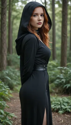 STar Wars, UHD 8K, extreme realism, maximum detail, Busty 18 year old redhead girl, slim figure, tight butt, wavy red hair, sexy butt, detailed skin, real lighting, the girl is In the jungle. The battles between the Jedi and the Sith take place in the background., she is a Sith, wearing a dark, tight robe with a chic leather collar. Hands behind your back., ((Very pale skin)), ((red eyes)), ((black hood)), ((view from front 1.5))