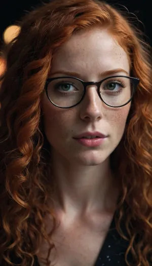skinny woman, ginger, glasses, freckles, very long curly red hair, (black background), <lora:cockteaseLoRASDXL:.5>