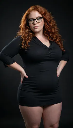 full body 3/4 view of a BBW woman, ginger, thick glasses, chubby, freckles, very long curly red hair, (black background), <lora:cockteaseLoRASDXL:.5>