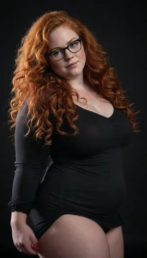 full body view of a BBW woman, ginger, thick glasses, chubby, freckles, very long curly red hair, (black background), <lora:cockteaseLoRASDXL:.5>