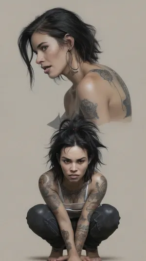 brunette, black woman, black hair, SIDE view, profile, looking to the side, partially visible face, back view, distorted perspective, asymmetrical pose, turned body, side-facing character, silhouette, obstructed face, hidden details, side view, profile view, multiple characters, overly casual or simplistic designs, details disordered, cartoonish elements, ugly, teeth, tooth, various, sheat character, tattoos, heads and hair cut in the image, crouched, squatting, deformed, noisy, blurry, distorted, out of focus, bad anatomy, extra limbs, poorly drawn face, poorly drawn hands, <lora:epi_noiseoffset2:.5>