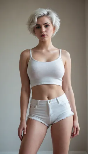 Woman, One, 20 Years old, White, Busty, Short hair, Fluffy hair, Cotton shorts, Tight top, Closeup Portrait, Full body, Standing