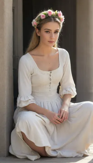 A beautiful young woman, dressed in a delicate, soft cotton dress with lace trim, sits on a cobblestone street. Her hair is tied back with a ribbon, and her face is focused yet serene, (she is weaving a wreath of flowers:2), roses, daisies, and violets. The warm afternoon sunlight bathes the scene, casting soft shadows on her features. Elegantly dressed passersby, cleavage