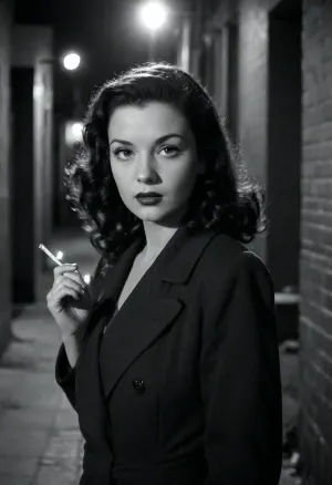 (1940s noir style photograph:1.8), a gorgeous 20yo raven haired femme fatale using a match to light a cigarette between her lips while standing in an unlit alleyway at night, match illuminates face, curly black hair, glamour makeup, masterpiece quality, <lora:nklnor:.5>
