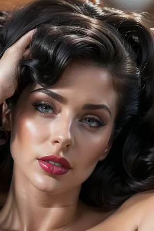 close-up portrait of a 28 year old beautiful woman lying on her side, looking at viewer, (((extremely lustful expression))), eyeliner, (((1940s hairstyle jet-black hair))), dilated pupils, red lipstick, golden hour, Accurate blue eyes, Realistic detailed eyes, eyes half closed, Realistic skin texture, pale skin, ((nude)), high quality, photorealistic, hyperrealistic, extremely detailed, high resolution, high resolution face, 8k, orgasm_face, <lora:orgasm_face_v10:.5>