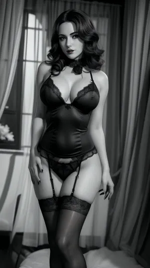 Dark film noir, black and grey, scene, female, lingerie, black stockings, breasts exposed, ((masterpiece)), 3DMM, <lora:3DMM_V12:.5>