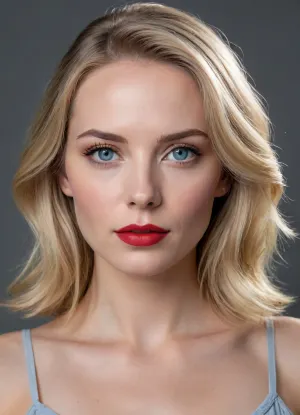 Portrait of a beautiful woman with fair skin, light blue eyes, soft natural makeup, medium-length blonde hair parted in the center, with loose strands framing her face. She has subtle facial features, slightly defined cheekbones, and wears vibrant red lipstick., (oval face shape:.6), (diamond:.4), almond-shaped eyes, rounded jaw shape, The lighting is soft and even, with a neutral gray background, realistic and highly detailed, photorealistic, ultra-HD, cinematic quality