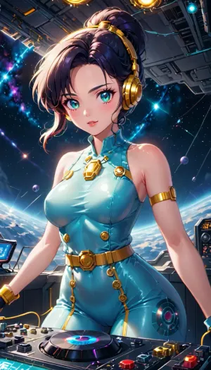 Here is a description of the image, **One-sentence summary, ** A stylized illustration depicts a young woman DJing on a futuristic turntable, situated in a spaceship overlooking Earth.

**Detailed description, **

The image is a vibrant, stylized illustration, possibly digital art, with a retro-futuristic aesthetic. The central figure is a young woman with dark hair pulled back into a bun, wearing gold headphones. Her attire consists of a sleeveless, reddish-pink, patterned dress with gold embellishments and a gold belt. She has fair skin and appears to be enjoying her work.&nbsp;


She is positioned behind a large, complex-looking DJ setup, a mixing console with numerous knobs, buttons, and sliders. The console itself has a retro-futuristic design, with a teal metallic finish. A large turntable is prominently featured in the center of the console. The style suggests a blend of analog and digital technology.

The woman is situated in what looks like a spaceship cockpit or control room. A large window behind her offers a stunning view of Earth from space, showing swirling clouds against a backdrop of deep space with a few visible stars. The view from the window dominates the background, creating a contrast between the interior technology and the vastness of space and our planet. The spaceship interior has a palette of teal, beige, and dark metallic tones, further enhancing the retro-futuristic mood.


The overall atmosphere of the picture is calm yet energetic.&nbsp;The woman's expression suggests that she really enjoys her music, creating a mood of creative immersion. The setting, the advanced technology, and the view from the window contribute to a dreamy, imaginative, and technologically advanced environment. The style recalls 1980s-inspired science fiction art mixed with a current animation technique, making it simultaneously nostalgic and futuristic. The overall mood is one of serene creativity and vast possibilities., ((Her face expression is serene and ecstasy.))