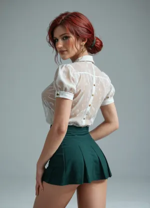 Triss Merigold figure petite yet curvy in all the right places, full lips that were currently curved into a friendly smile, Piercing green eyes sparkled. She wore a white blouse that hugged her ample bosom, the top buttons undone, A dark mini micro skirt. A silver amulet hung around Triss neck on a delicate chain. full growth, back view