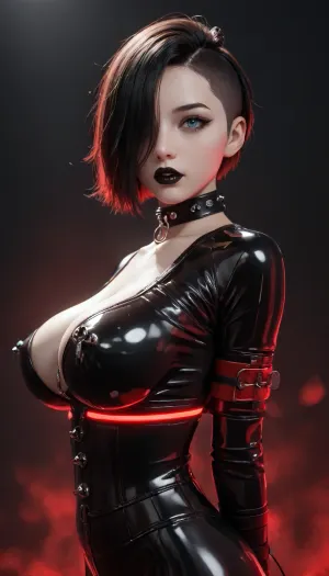 Goth girl, 1girl, solo, ice blue eyes, boobs are nude, pale skin, big breast, (black lipstick:1.5), short white hair, hairstile&nbsp;Sleek Coif with Double Sided Undercut, looking at viewer, simple background, black lips, black tall posture collar, (dark background:1.2), (hair over one eye), two-tone hair, (black latex catsuit, black latex posture corset:1.4), black shoulder straps, black under breast strap, black shine latex tong, big ringgag, arms tight behind back, (armbinder), (red light:1.6), (score_9, score_8_up, score_7_up), hands tied armbinder, side view, nipple clamp