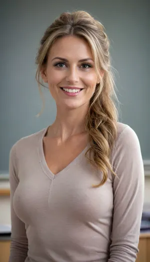 Professional awardwinning photograph of a posed 40 year old smiling youthful, ((busty:1.25)), dutch woman with very long messy darkblonde flowing hair with a bun and light makeup, ((teacher clothing:1.5)), creative vision, perfect composition, perfect focus, perfect balanced exposure, ((full body in frame:1.5)), ((cute tall:1.3)), (extremely beautiful:1.33), perfect beauty, perfection, gorgeous face, perfect body proportions, extremely detailed face and eyes, perfect skin, extremely detailed skin, extremely detailed hair, tranquil environment, warm sunlight, extremely detailed lighting, extremely high resolution, uhd, 8k, masterpiece, <lora:CharTurnXLRetag_v4:1.5>