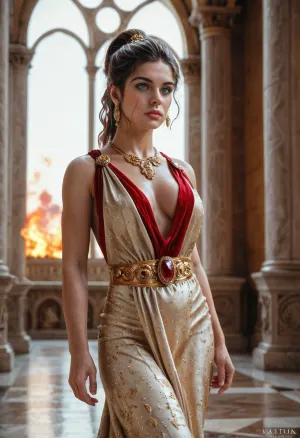Beautiful 27 years old American-Italian brunette, very pretty and elegant, (elegant Roman tunic red with gold embroidery), detailed beige skin tone, round E size tits, alone, gold and ruby ​​​​jewelry, font view, looking forward, round lips painted in fiery red, athletic body with sexy legs, round blue eyes, detailed high ponytail hairstyle, Roman nose, closed mouth, perfect fingers and hands, walking through the Roman palace, detailed background, <lora:580159_training_data:1>