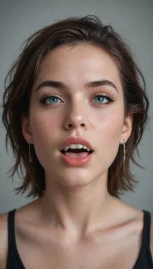 Hyperrealism, natural petite cutie, 18 years old beautiful, stunning unique female character. She has large turquoise eyes filled with joy and excitement, extravagant eyelashes, making this image a masterpiece of photography and digital art. Style, realistic hyper-detailed rendering, 32k UHD, expressive eyes, punk, graphic design, girl's face, pretty and cute, gleaming lips, white skin, (vampire fangs:1.4), open, mouth, uvula, throat, <lora:Mistress_of_the_night-000016:.8>