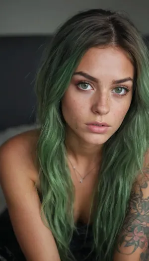 Tanned skin, long messy green hair, green eyes, lean build, high cheekbones, delicate nose, full lips, freckled cheeks, slender fingers, expressive hands, tapestry of tattoos