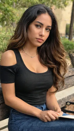 Raw picture, iPhone 15 pro photo, warm light, Attractive cute short latina woman with black wavy long hair, latina lady, 25 years old, gorgeous girl, small nose, very gorgeous, medium boobs, wide hips, slim, brown necklace, showing her boobs, natural light, sitting on bench on college campus, wearing tight top, reading a book, skin detailed, puffy, dark, ghost, wide, <lora:Nipples XL:.5>