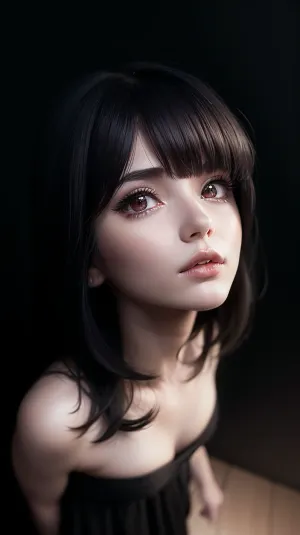 masterpiece, best quality, realistic, (realskin:1.5), petite girl, ((looking up to viewer with eye contact:1.5)), ((nude and makeup)), skinny, detailed face and mouth open, innocent face, detailed eyes, big eyes, (black hair with pink highlights), medium length hair, (perky boobs, round boobs), (wide boobs), (siren eyes), ((petite)), small waist, ((pubic hair:1.3)), arms up, playing with hair, <lora:LowRA:.6>, <lora:age_slider-LECO-v1:1>, HyperSmoke, dark, background, black, backlit, theme, <lora:lowkey_v1.1:.5>