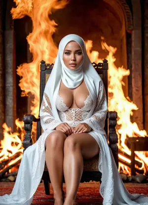 beauty white indonesian women in large hijab wear sexy lingerie full body view sitting in a fire throne
